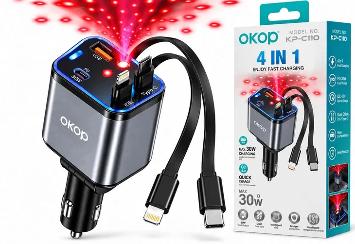 Ładowarka samochodowa 4w1 USB-C PD 30W QC3.0 Lightning USB-C OKOP