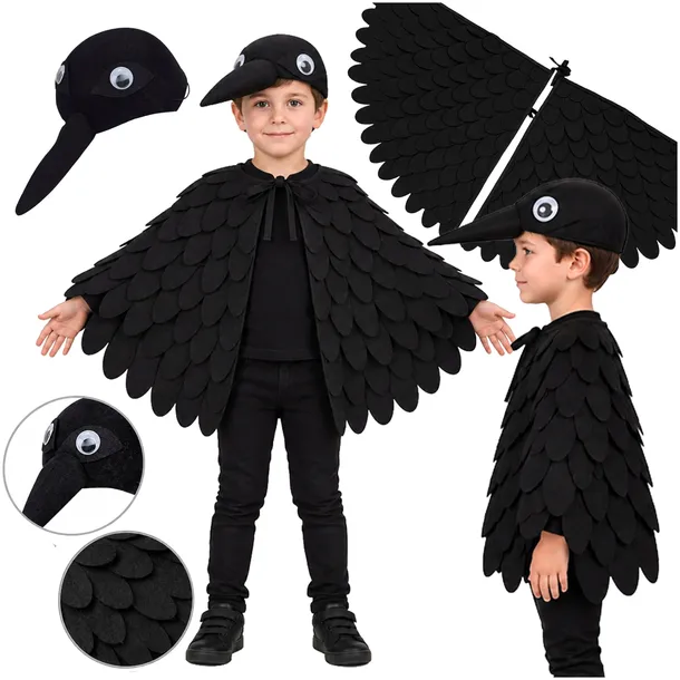 STRÓJ KRUKA CZARNY PTAK KRUK WRONA PELERYNA STRÓJ BAL JESIENI HALLOWEEN