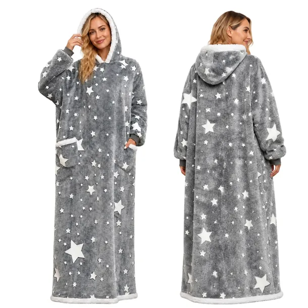 KOCOBLUZA Z KAPTUREM BLUZOKOC OVERSIZE DŁUGI POLAR SZARY GWIAZDKI OCIEPLANY