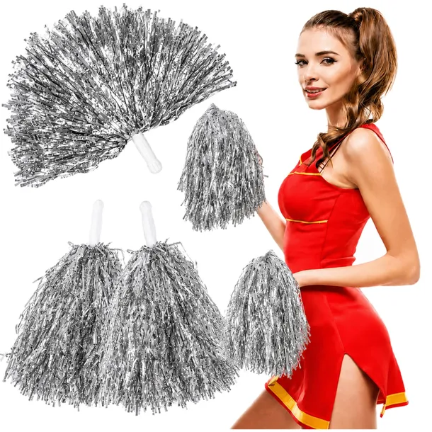 POMPONY CHEERLEADERKI DO TAŃCA POMPON KOSTIUM CZIRLIDERKI 2 szt SREBRNE
