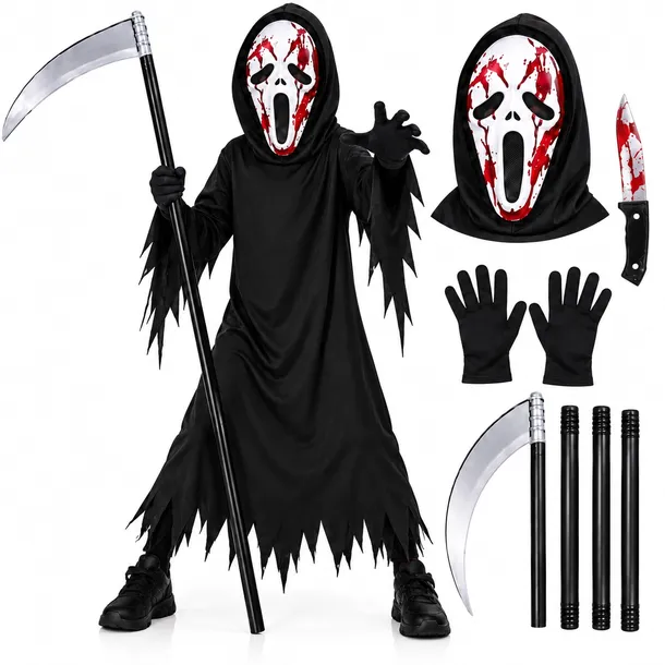Kostium Ghost Krzyk 120-140 cm Halloween Maska Kosa Nóż Rękawiczki Żniwiarz