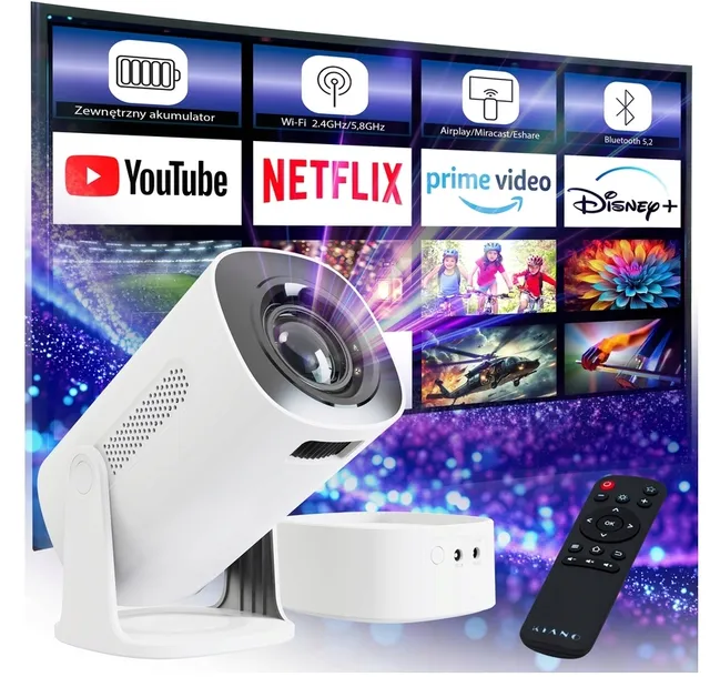 Projektor bezprzewodowy WiFi Bluetooth 4K LED w zestawie z baterią