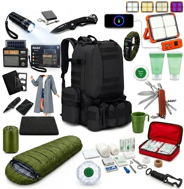 Plecak Ewakuacyjny z Powerbank 45L Z Wyposażeniem Awaryjny Militarny Czarny