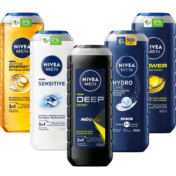 NIVEA MEN 3w1 Żel pod prysznic męski zestaw - Płyn do mycia 500ml x5