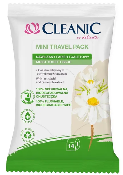 Cleanic papier nawilżany z ekstraktem z rumianku, Mini Travel Pack 14 sztuk