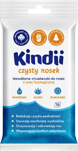 Kindii Czysty Nosek nawilżane chusteczki do nosa z solą fizjologiczną 15szt