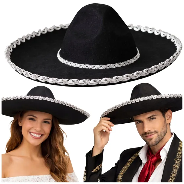 SOMBRERO MEKSYKAŃSKIE KAPELUSZ ZDOBIONY CZARNY PRZEBRANIE KARNAWAŁ 57 cm