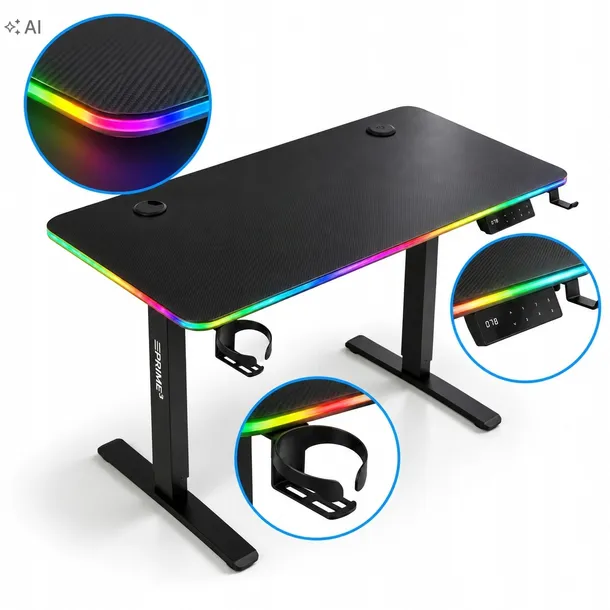 Biurko gamingowe elektryczne REGULOWANE RGB CARBON 120cm PAMIĘĆ PRIME3