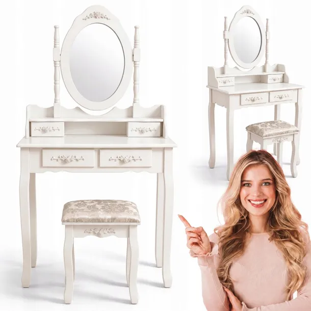TOALETKA KOSMETYCZNA Z DUŻYM LUSTREM 4 SZUFLADY TABORET BIAŁA 75 CM DT04
