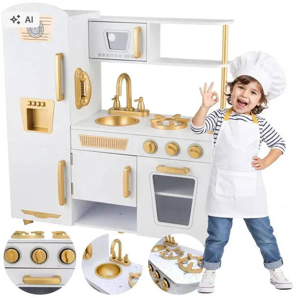 Drewniana kuchnia dla dzieci KitchenJoy XL Duża Biało-Złota + telefon