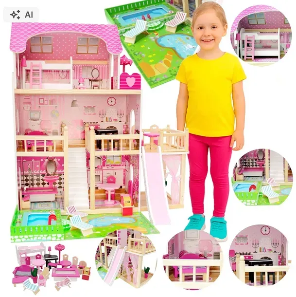 Drewniany domek dla lalek Sonia basen zjeżdżalnia mebelki balkon ogród