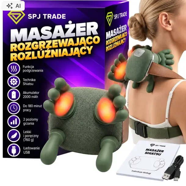 MASAŻER PLECÓW KARKU RAMION SHIATSU ŁAPKI UGNIATAJĄCY BEZPRZEWODOWY GRZANIE