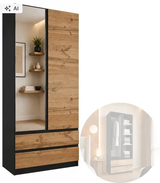SZAFA 190x90 Z CICHYM DOMYKIEM, BOKAMI W CAŁOŚCI, LUSTRO - CZARNA+DĄB WOTAN