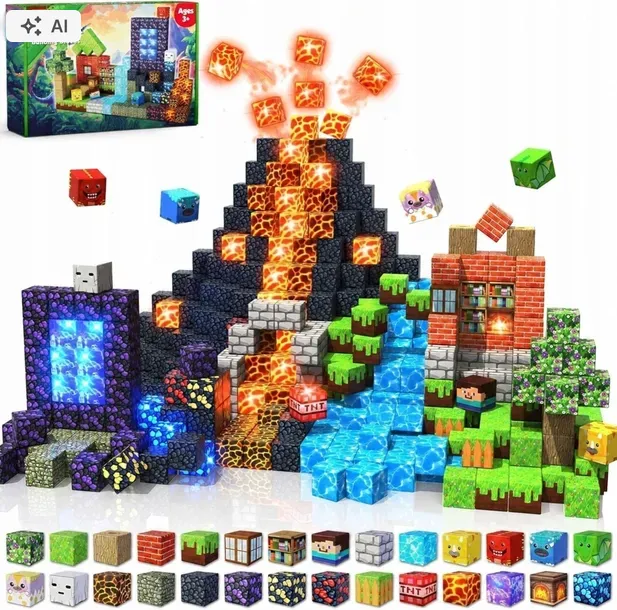 150x KLOCKI MAGNETYCZNE MINEECRAFT LÓD TRAWA WULKAN EDUKACYJNE DIY E125