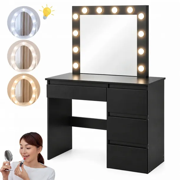 TOALETKA KOSMETYCZNA Z LUSTREM LED 3 BARWY 4 SZUFLADY CZARNA 94 CM DT06