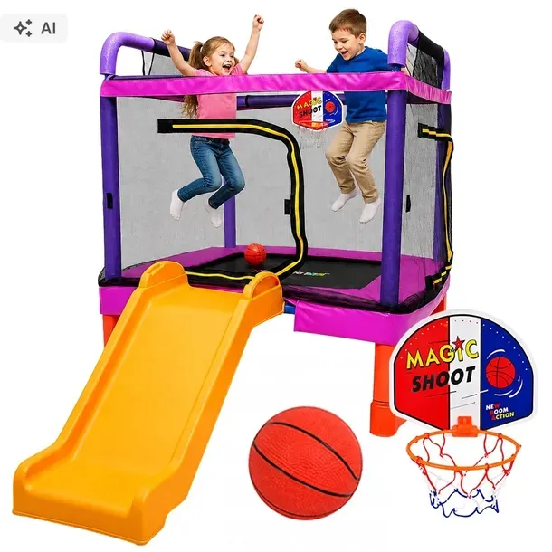Trampolina Dla Dzieci 3w1 130 cm Zjeżdżalnia Kosz Plac Zabaw JustFun Piłka