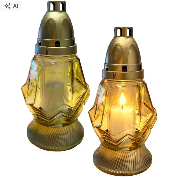 Znicz Lampion Szklany na Grób Złoty Diament Mały 21cm + Wkład Jednorazowy