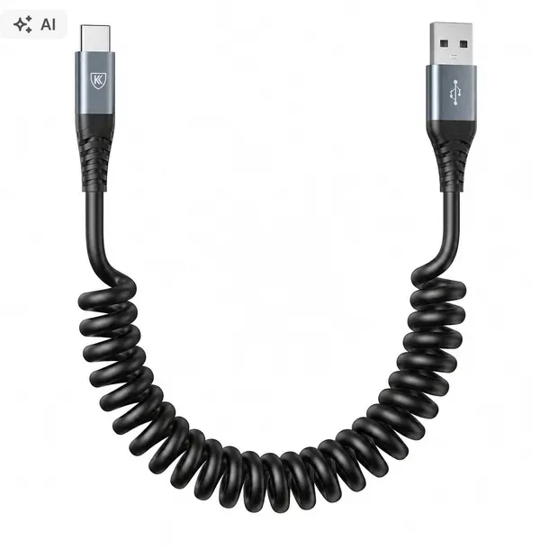 KABEL TYPU C DO ŁADOWANIA ŁADOWARKA DO SAMOCHODU SPIRALNA ROZCIĄGLIWA 1,5M