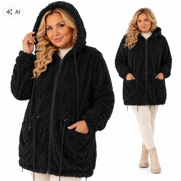 MILUTKA bluza futrzak misiu płaszczyk kaptur cieplutka czarna 46 48 3xl 4xl