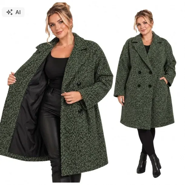 Płaszcz damski bukla teddy DWURZĘDOWY ciepły z paskiem khaki 52 54 6XL 7XL