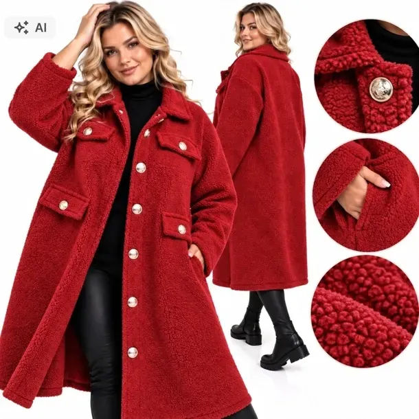 5627 Płaszcz baranek teddy czerwony ozdobne guziki 50 52 5XL 6XL