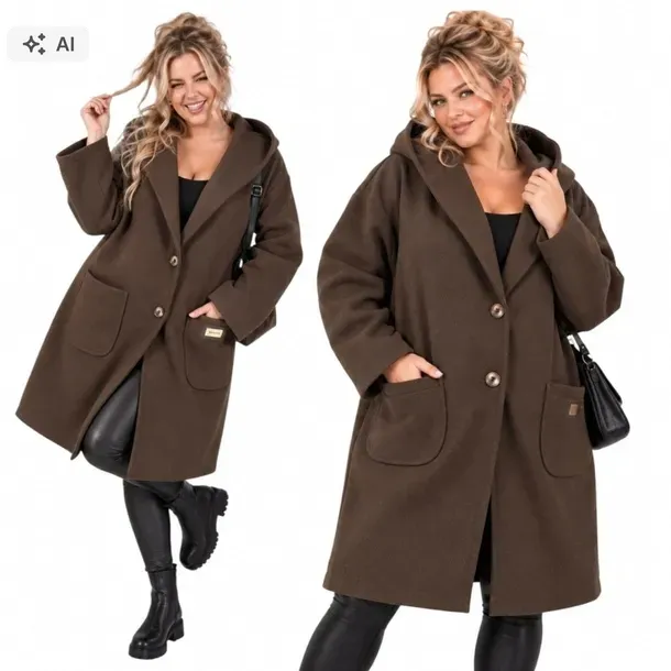5935 Płaszcz damski czekolada kaptur z kieszeniami wygodny 54 56 7XL 8XL