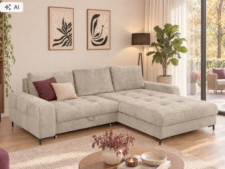 Narożnik z funkcją spania MAYA wygodna rozkładana rogówka salon beżowa
