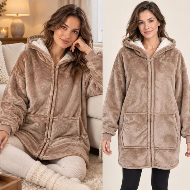 Kocobluza Damska z Kapturem Na Zamek Bluza Koc Ciepła Miękka Brąz Oversize