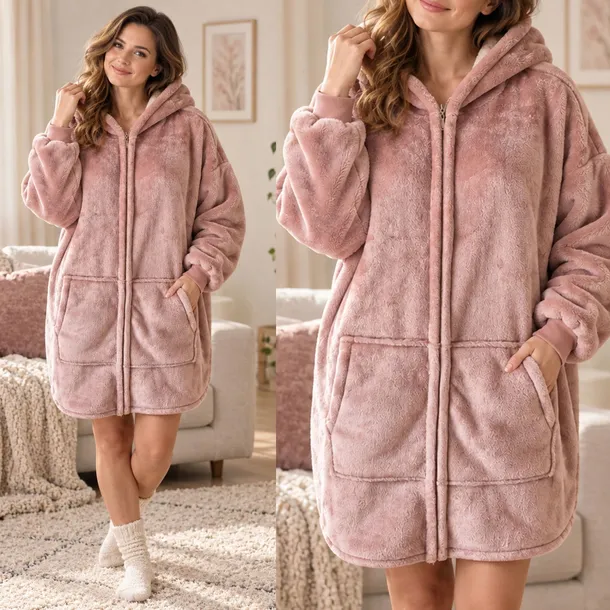 Kocobluza Bluza Koc Damska z Kapturem Na Zamek Ciepła Gruba Róż Oversize