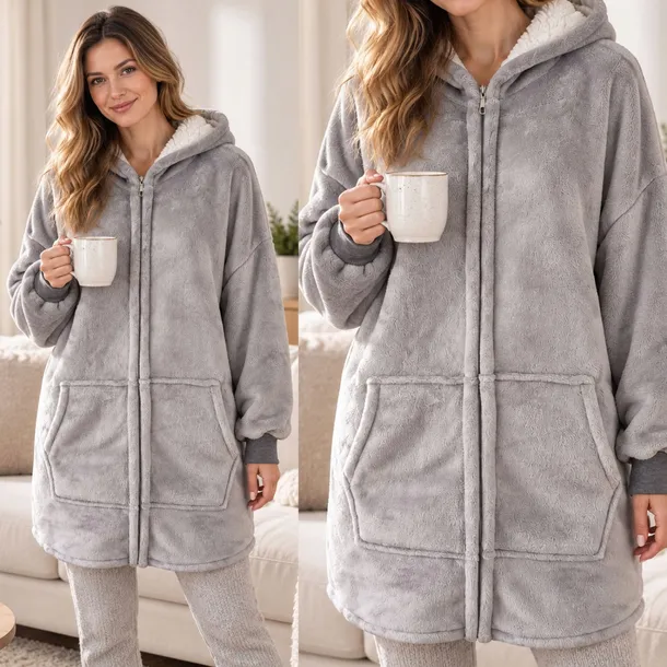 Kocobluza Bluza Koc Damska z Kapturem Na Zamek Ciepła Gruba Szara Oversize