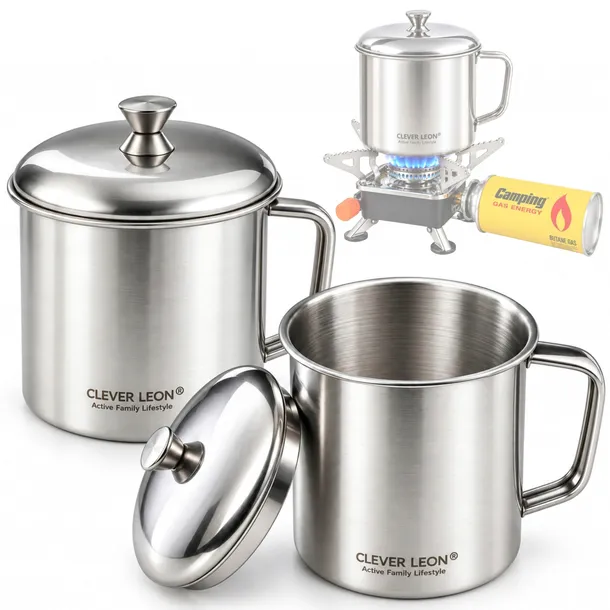 Kubek Turystyczny Metalowy Stalowy z Pokrywką Nierdzewny 500 ml 2 szt.
