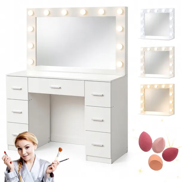 TOALETKA KOSMETYCZNA Z LUSTREM LED 3 BARWY 7 SZUFLAD BIAŁA 110 CM DT10