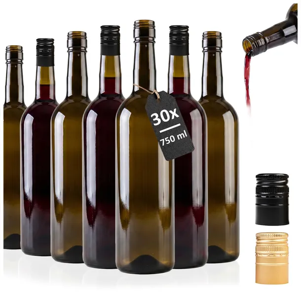 30x Butelki na wino Bordeaux 750 ml z ZAKRĘTKAMI OLIWKOWE BRĄZOWE