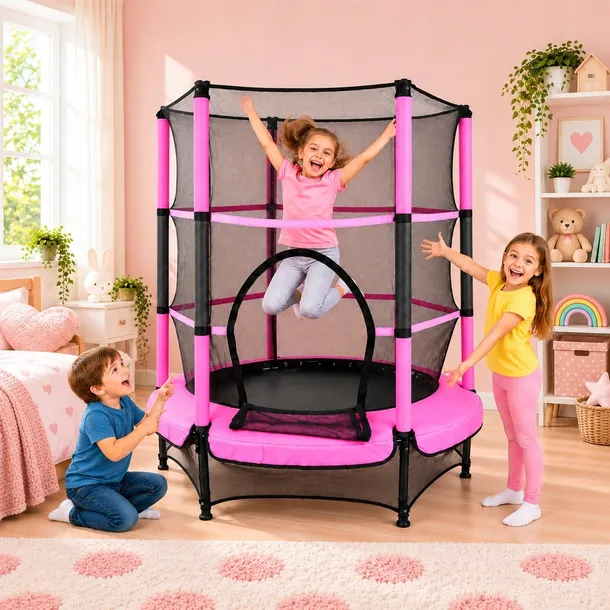 Trampolina Do Domu I Ogrodu 140 CM Just Fun Różowa Dla Dzieci Z Siatką