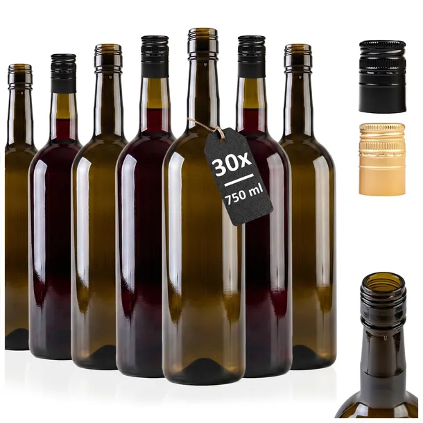 30x Bordeaux 750 ml + ZAKRĘTKI Zestaw butelek na wino CIEMNE SZKŁO