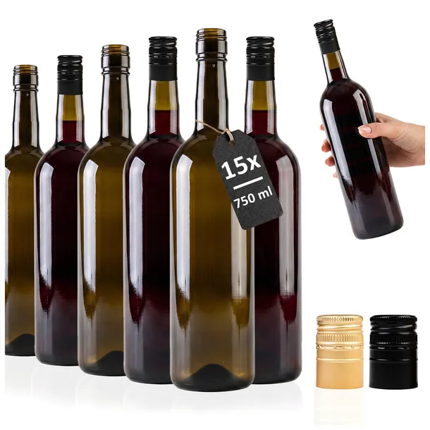 15x Butelki na wino z CIEMNEGO SZKŁA zakręcane 750 ml + ZAKRĘTKI