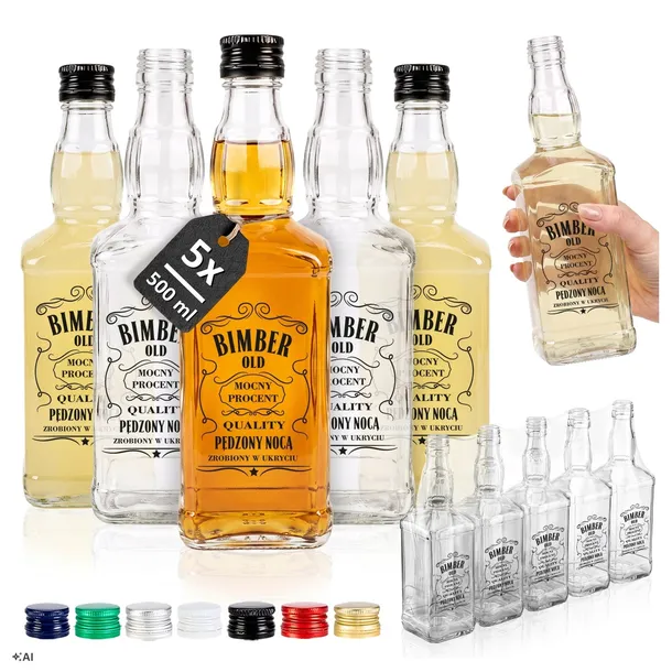 5x Butelki na bimber wódkę whisky 0,5l z nadrukiem BIMBER na koniak wódkę