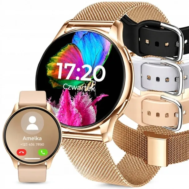 SMARTWATCH ZEGAREK DAMSKI MENU PL ROZMOWY POWIADOMIENIA SPORT 4 PASKI