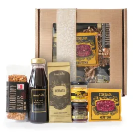 box-prezentowy-kraftowy-zestaw-herbata-sok-naturalny-czekolada-miod-baton