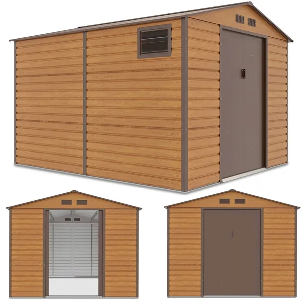 Domek ogrodowy metalowy Montreal Oak Brown - 277x323 cm, wys. 219 cm