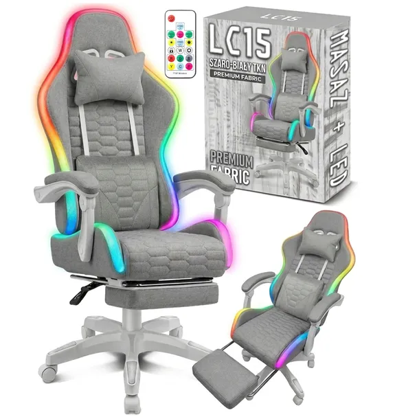 Fotel gamingowy tkanina kubełkowy krzesło biurowe Podnóżek + Masaż + LED