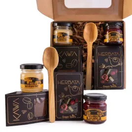 box-prezentowy-zestaw-z-herbata-i-kawa-czarno-zloty-miod-konfitura-lyzka
