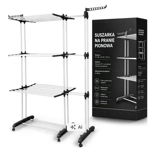 SUSZARKA NA PRANIE ROZSUWANA DUŻA XXL 60KG UBRANIA STOJĄCA SKŁADANA CZARNA