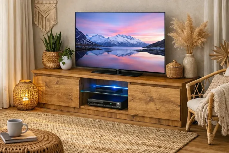 Szafka RTV 140 cm Dąb LanceLot LED 18 mm Cichy Domyk