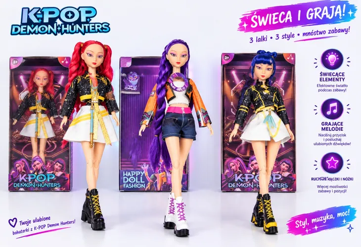 Śpiewające grające świecące LALKI KPOP 3 szt światło + Muzyka 30 cm DEMON HUNTERS Łowczynie Demonów 30 cm Lalki K-POP
