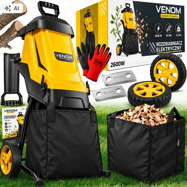 MOCNY ROZDRABNIACZ DO GRUBYCH GAŁĘZI ELEKTRYCZNY RĘBAK 45MM 2600W 45L PRO