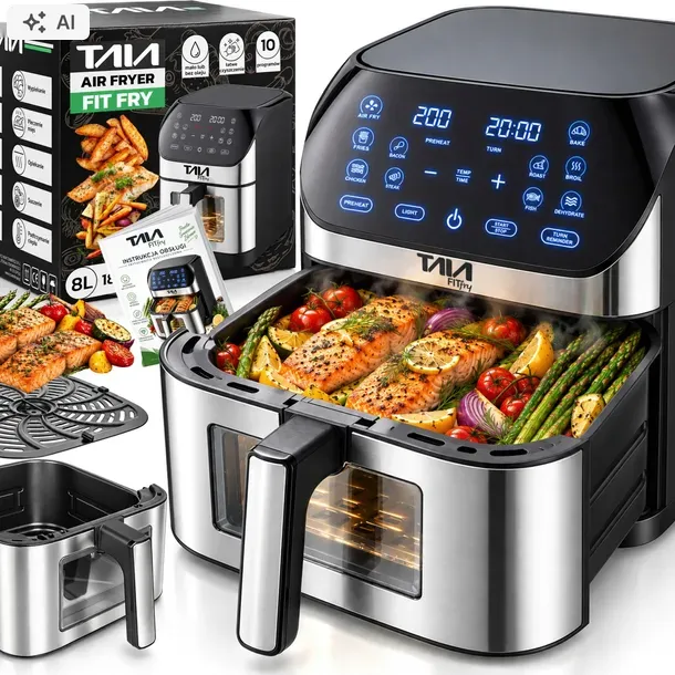 MOCNA FRYTKOWNICA BEZTŁUSZCZOWA TAIA FIT FRY 8L Air Fryer OSZCZĘDNA z oknem