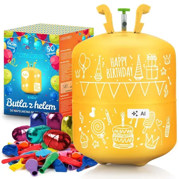 Butla z helem 0,42 m3 + balony x50 wstążka 60m hel do balonów