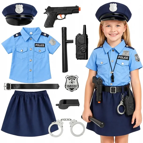 Strój POLICJANTKA XL 130-140 cm PISTOLET KAJDANKI Bogaty Zestaw 10 el.