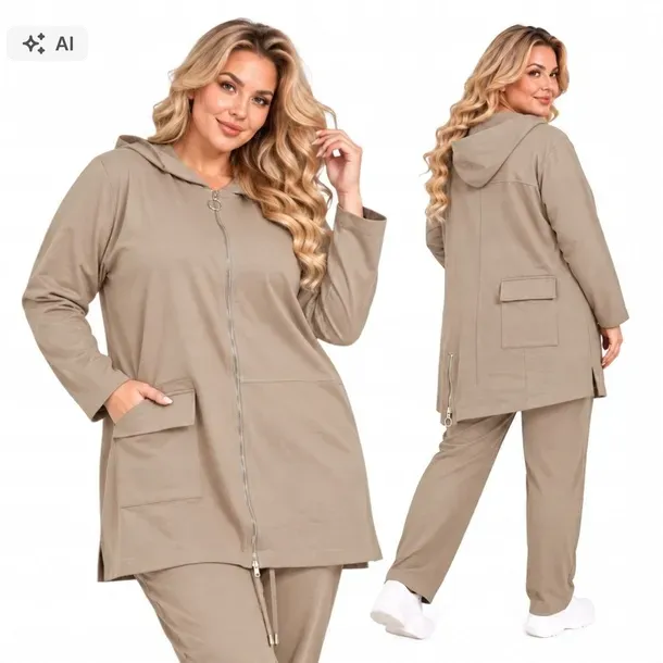 6938 Komplet dresowy beżowy bawełna asymetryczny z kapturem 54 56 7XL 8XL